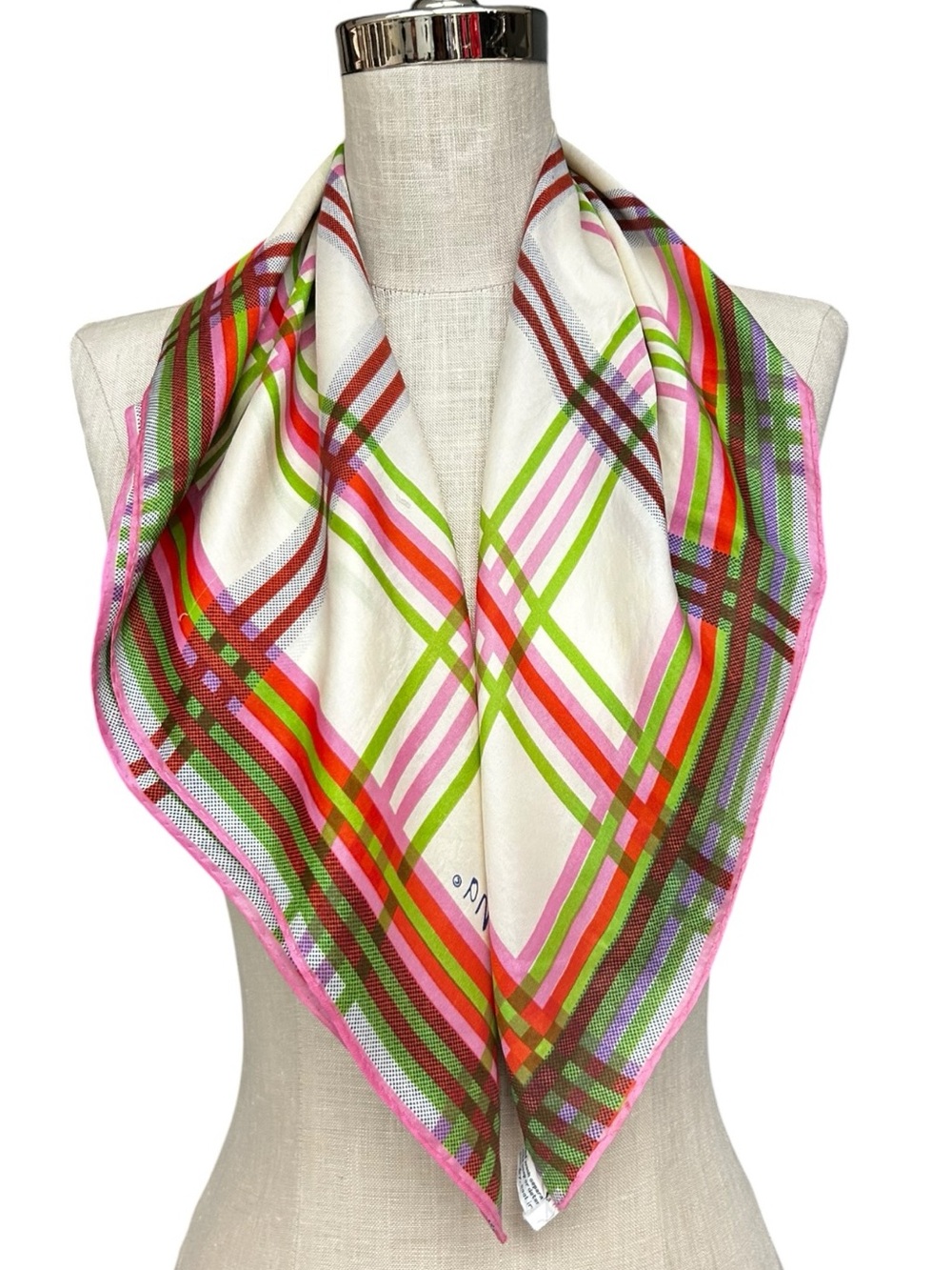 Vera Neumann “Vera” Plaid Silk Blend Scarf Pink Green Geometric 60s Mod